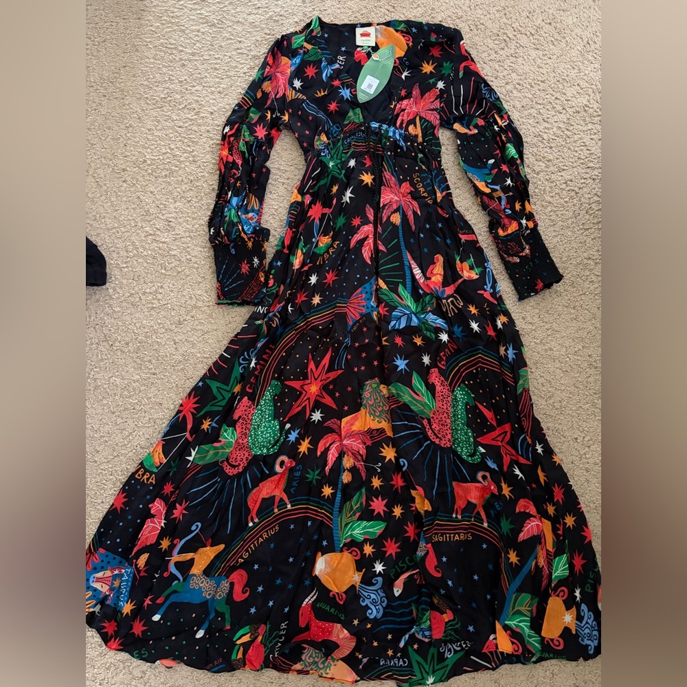 FARM Rio Black Multicolor Zodiac Long Sleeve Dress